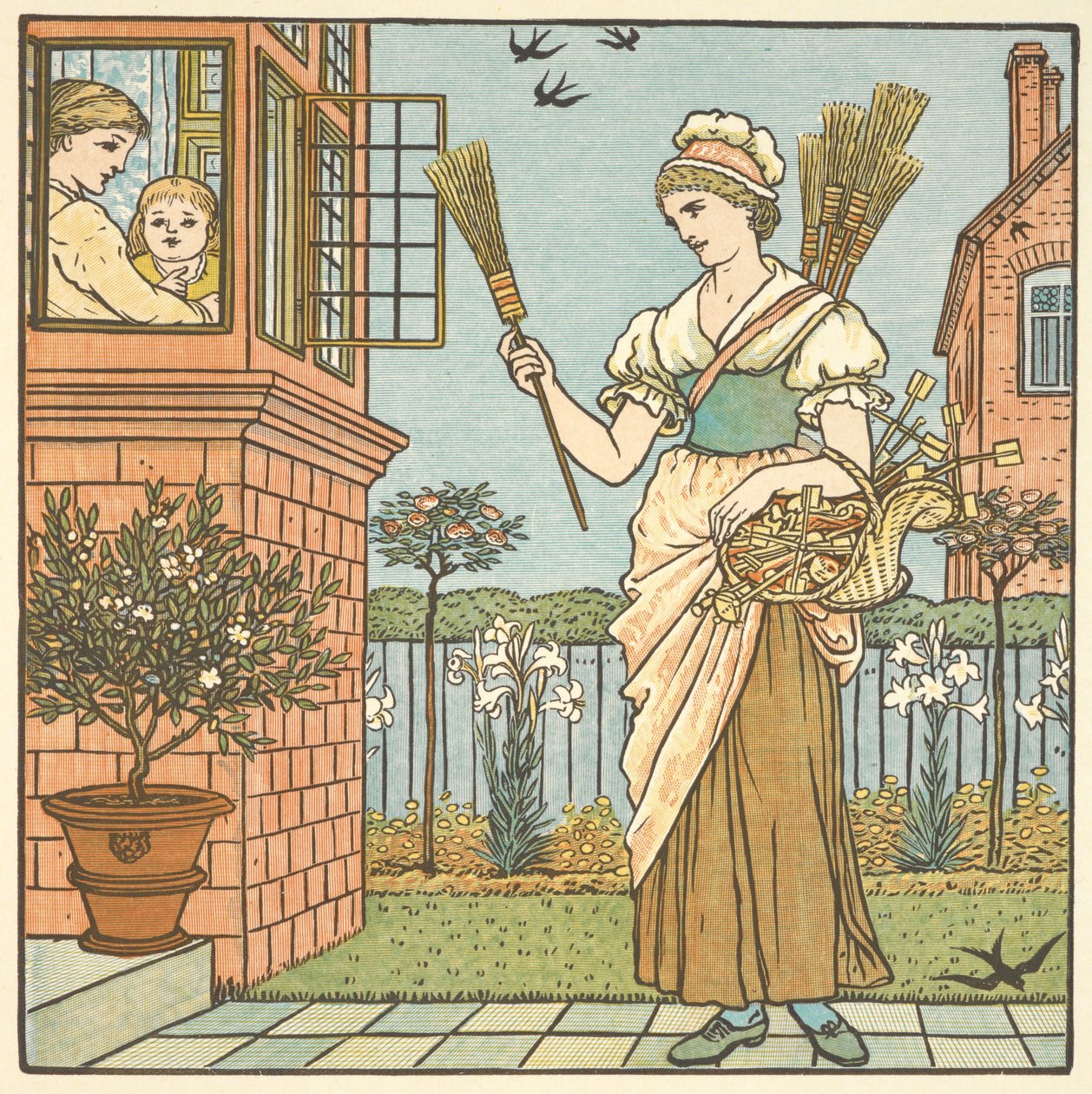 Värillinen kuva sanalle "osta luuta". Nuori nainen myy luutoja. tekijältä Walter Crane