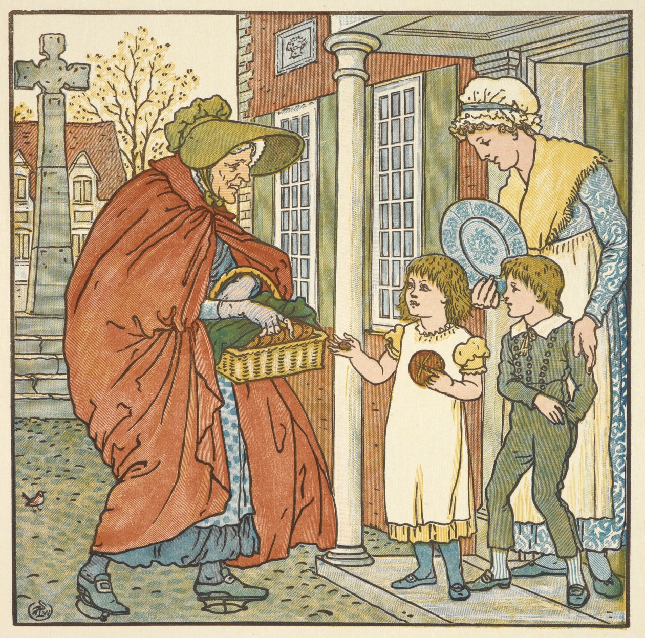 Värikuvitus "hot cross pulls". Vanha nainen antaa kuumia ristipullia kahdelle lapselle. tekijältä Walter Crane
