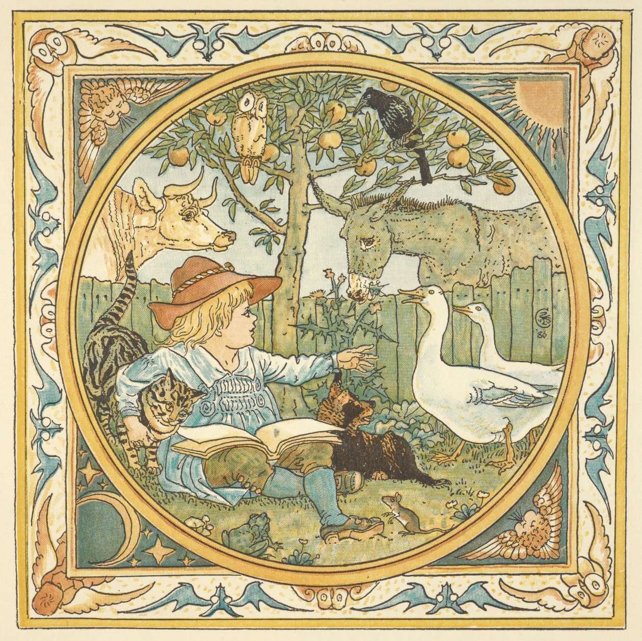 Värikuvitus "vauvan omalle aesopille". Lapsi puutarhassa eläinten ympäröimänä. tekijältä Walter Crane