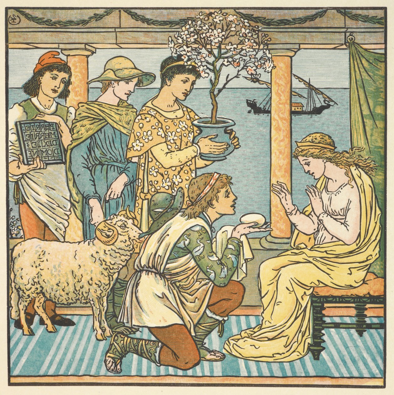 Värillinen kuvitus "neljälle lahjalle". Neljä veljeä antamassa lahjoja nuorelle naiselle. tekijältä Walter Crane