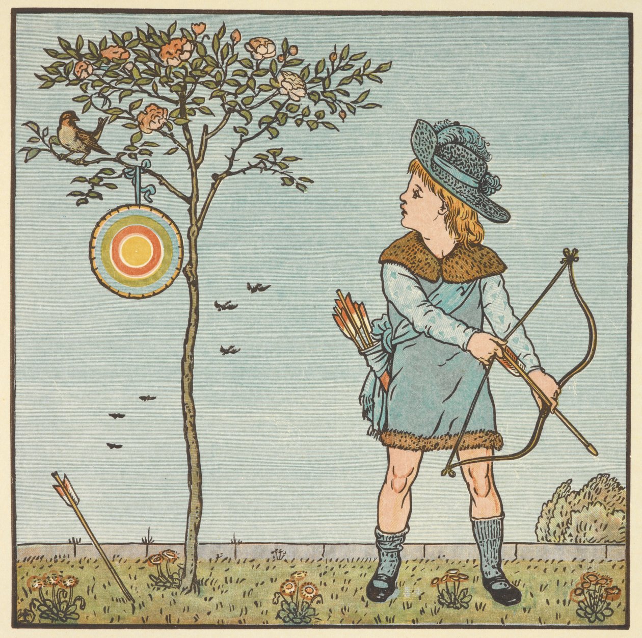 Värikuvitus "pienelle kukkovarpuselle". Pieni poika jousella ja nuolella, ampumassa lintua puussa. Lasten riimi. tekijältä Walter Crane