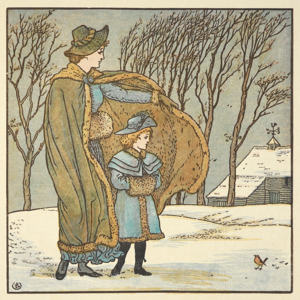 Värikuvitus sanalle "pohjoinen tuuli ja robin". Nuori tyttö ja hänen äitinsä seisovat ulkona talvisessa maisemassa. tekijältä Walter Crane