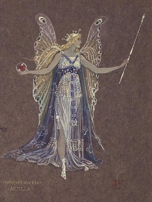 Pukusuunnittelu keijuprinsessa Ariellalle, "Lumiukko" (akvarelli ruskealle paperille) tekijältä Walter Crane