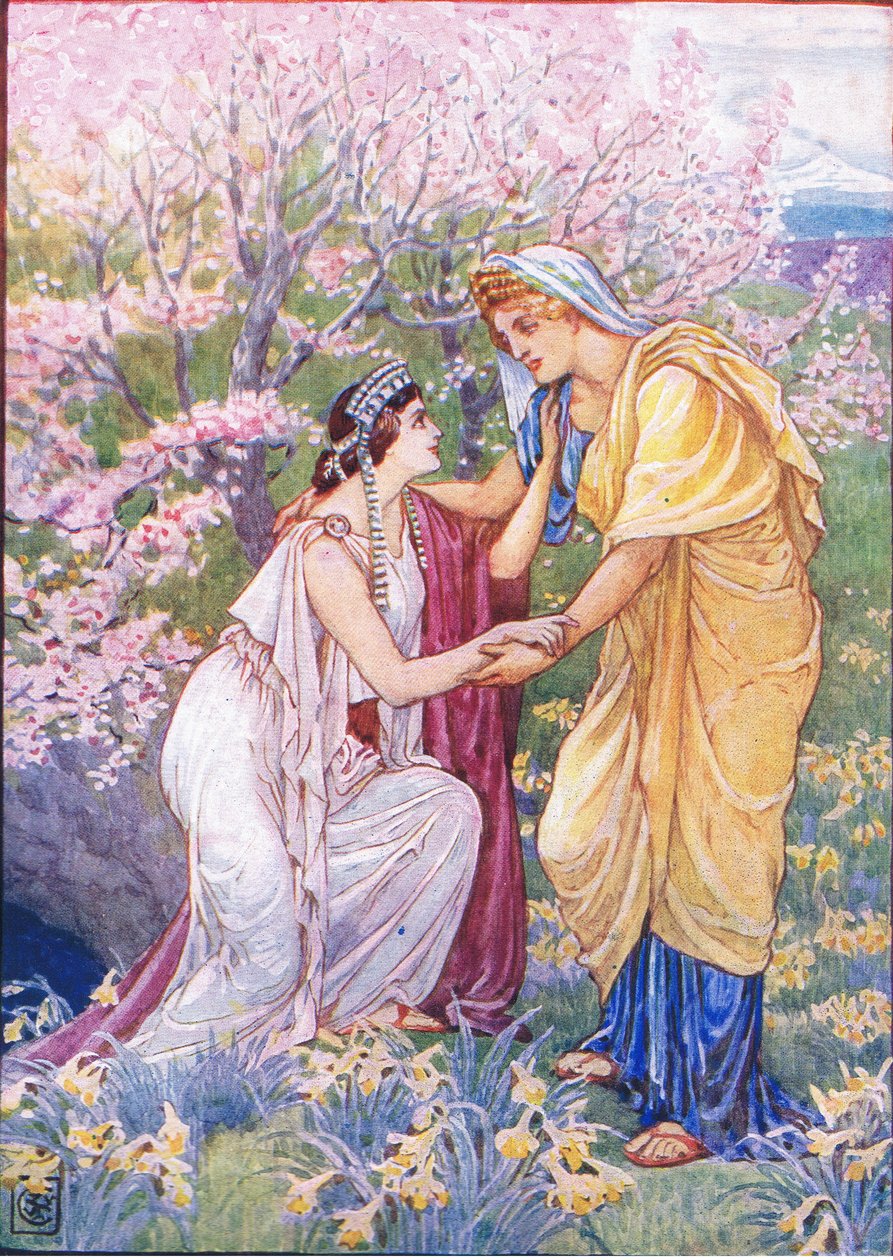 Demeter iloitsi siitä, että hänen tyttärensä oli hänen rinnallaan, kuvitus Kreikan tarinasta, 1930-luku tekijältä Walter Crane