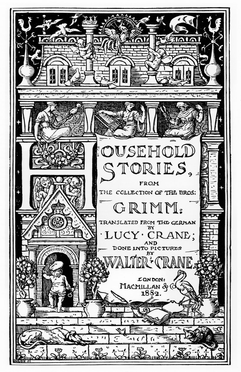 Grimmin veljesten "Household Stories" -kirjan etukansi, julkaisija Macmillan und Co., 1882 tekijältä Walter Crane