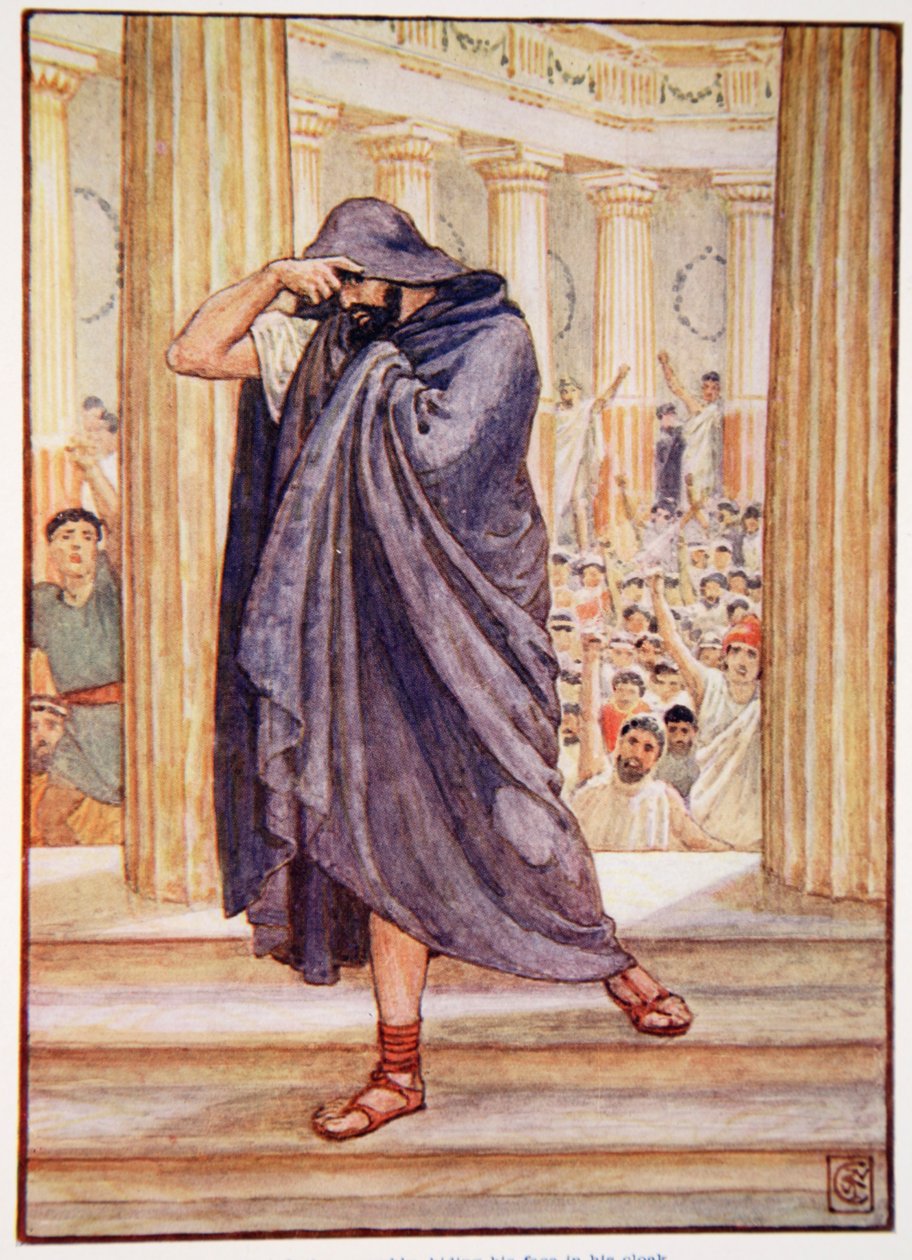 Hän lähti konventista piilottaen kasvonsa viittaansa, kuvitus Mary Macgregorin Kreikan tarinasta, 1. painos, 1913 (väripainatus) tekijältä Walter Crane