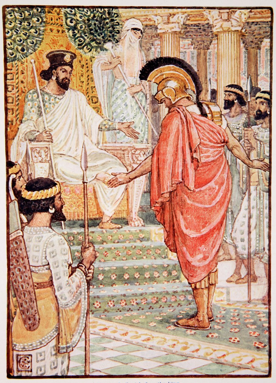Hän seisoi hiljaa kuninkaan edessä, kuvitus Mary Macgregorin kirjasta "The Story of Greece", 1. painos, 1913 (väripainatus) tekijältä Walter Crane