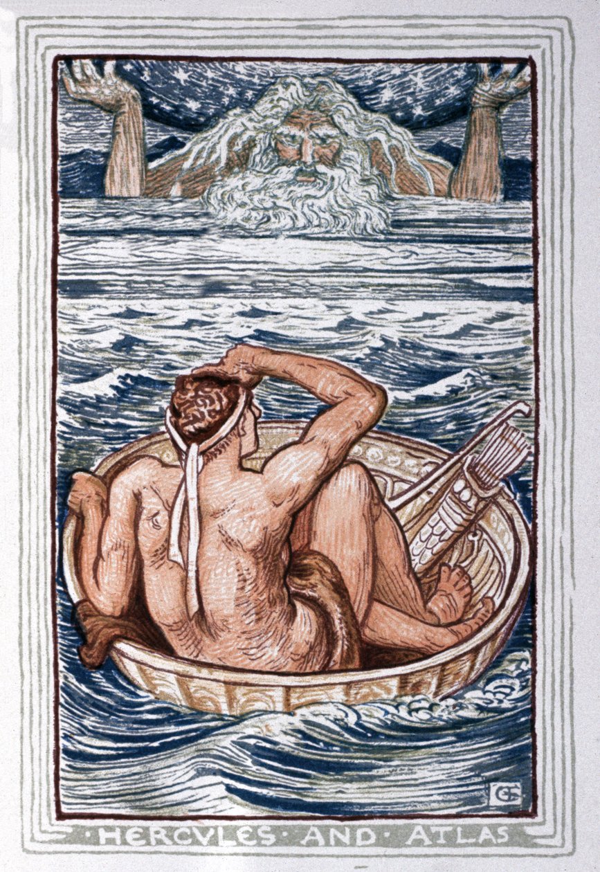 Herakles ja Atlas, noin 1900 (kuvitus). tekijältä Walter Crane
