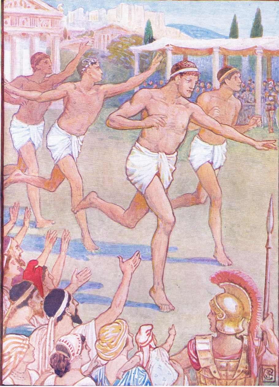 Varhaisina aikoina pelkkä juoksu oli ainoa tapahtuma, esimerkki Kreikan tarinasta, 1930-luku tekijältä Walter Crane
