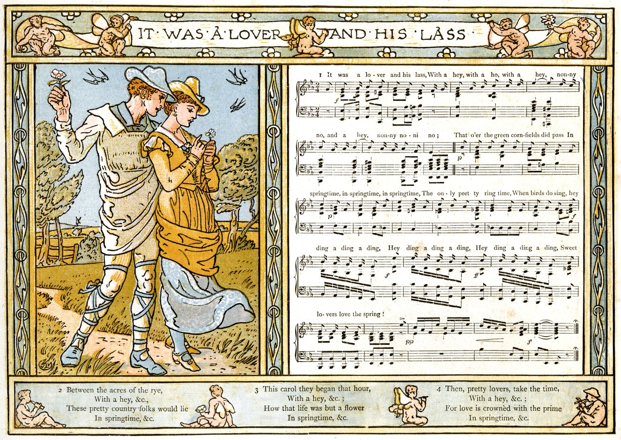 "It was a Lover and his Lass", laulukuvitus teoksesta "Pan-Pipes", Vanhojen laulujen kirja, vastikään sovitettu ja säestettynä Theo. Marzials, julkaissut Lontoossa George Routledge und Sons, 1884 ( tekijältä Walter Crane
