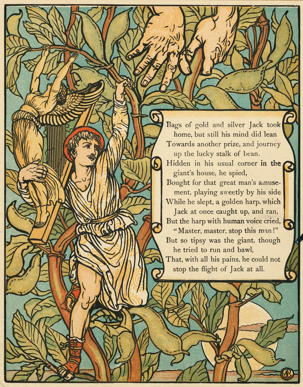 Jack laskeutumassa Beanstalkista Jack and the Beanstalk -pubista. 1875 (väri litho) tekijältä Walter Crane