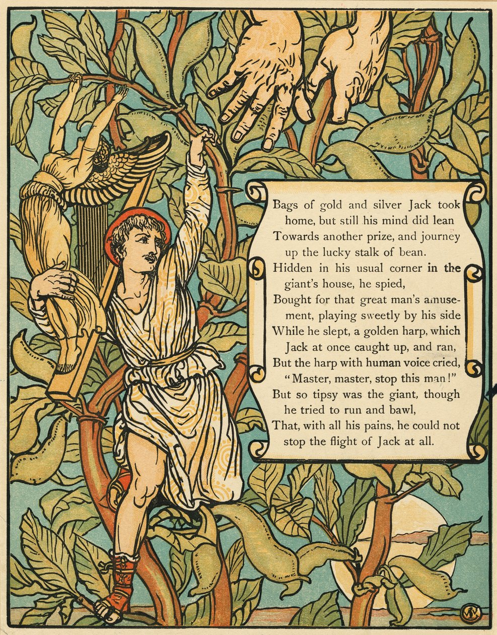 Jack laskeutumassa Beanstalkista Jack and the Beanstalk -pubista. 1875 värilitografia, 1875. tekijältä Walter Crane