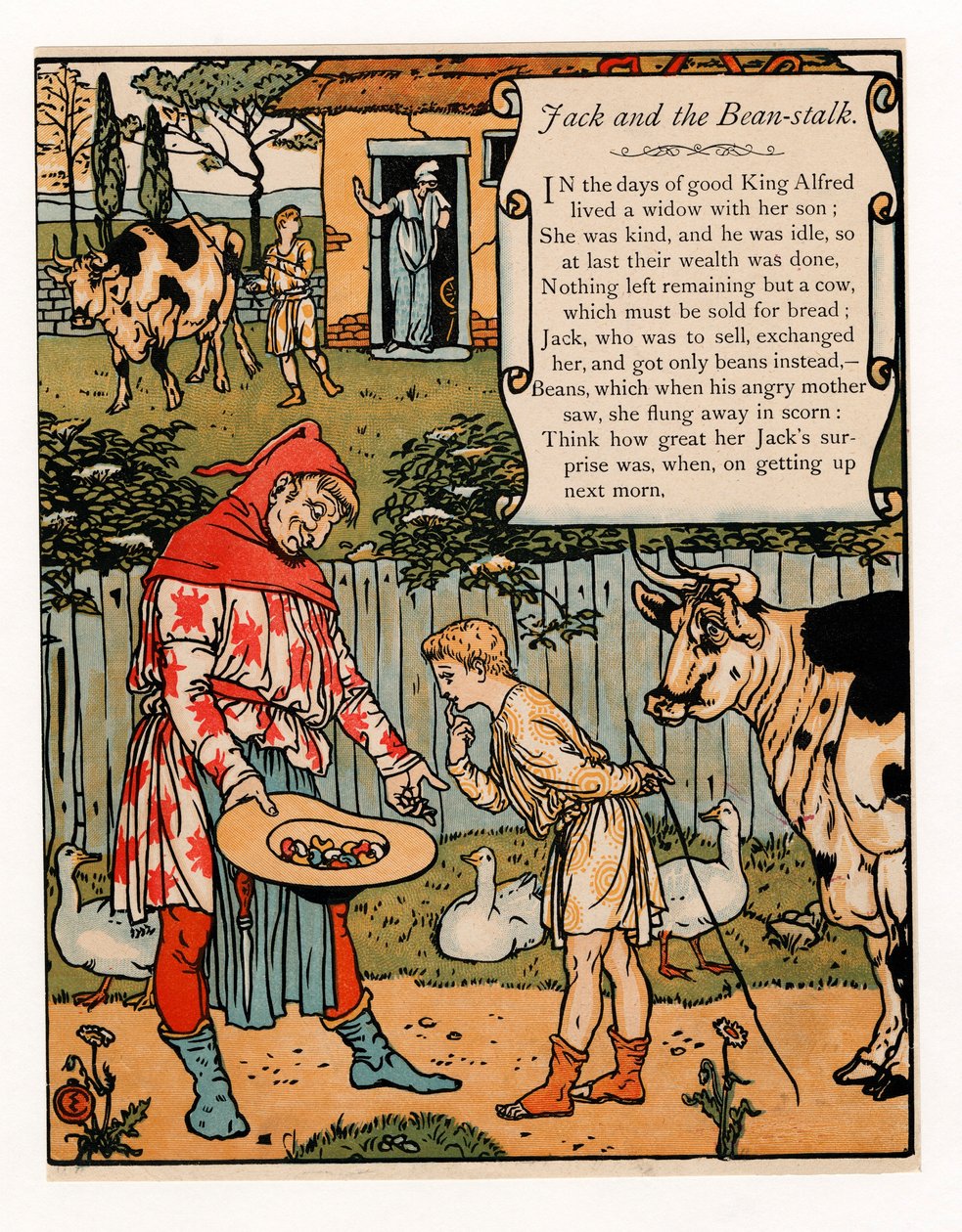Jack myy lehmänsä pavuista, pubista The Blue Beard Picture Book. 1879 värilitografia, 1879. tekijältä Walter Crane