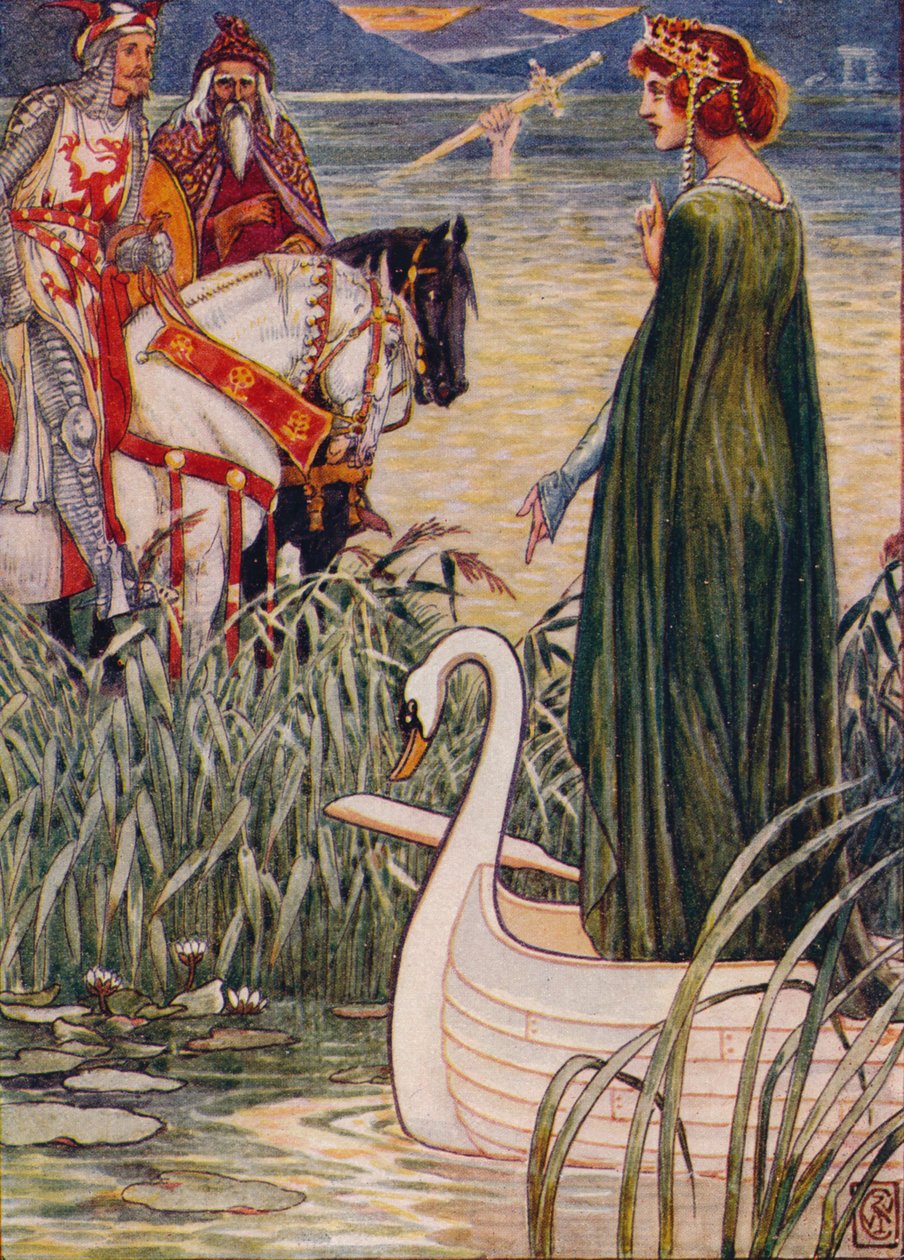 Kuningas Arthur pyytää Lady of the Lake -miekkaa Excalibur, 1911. tekijältä Walter Crane