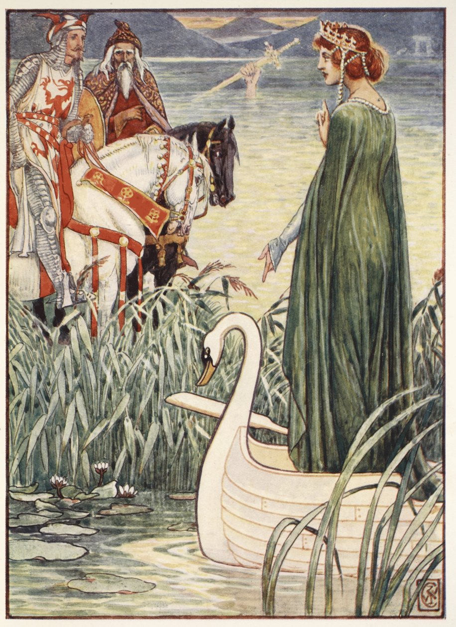Kuningas Arthur pyytää Lady of the Lake -miekkaa Excaliburia Henry Gilbertin teoksesta Stories of the Knights of the Round Table, ensimmäinen painos, 1911 tekijältä Walter Crane