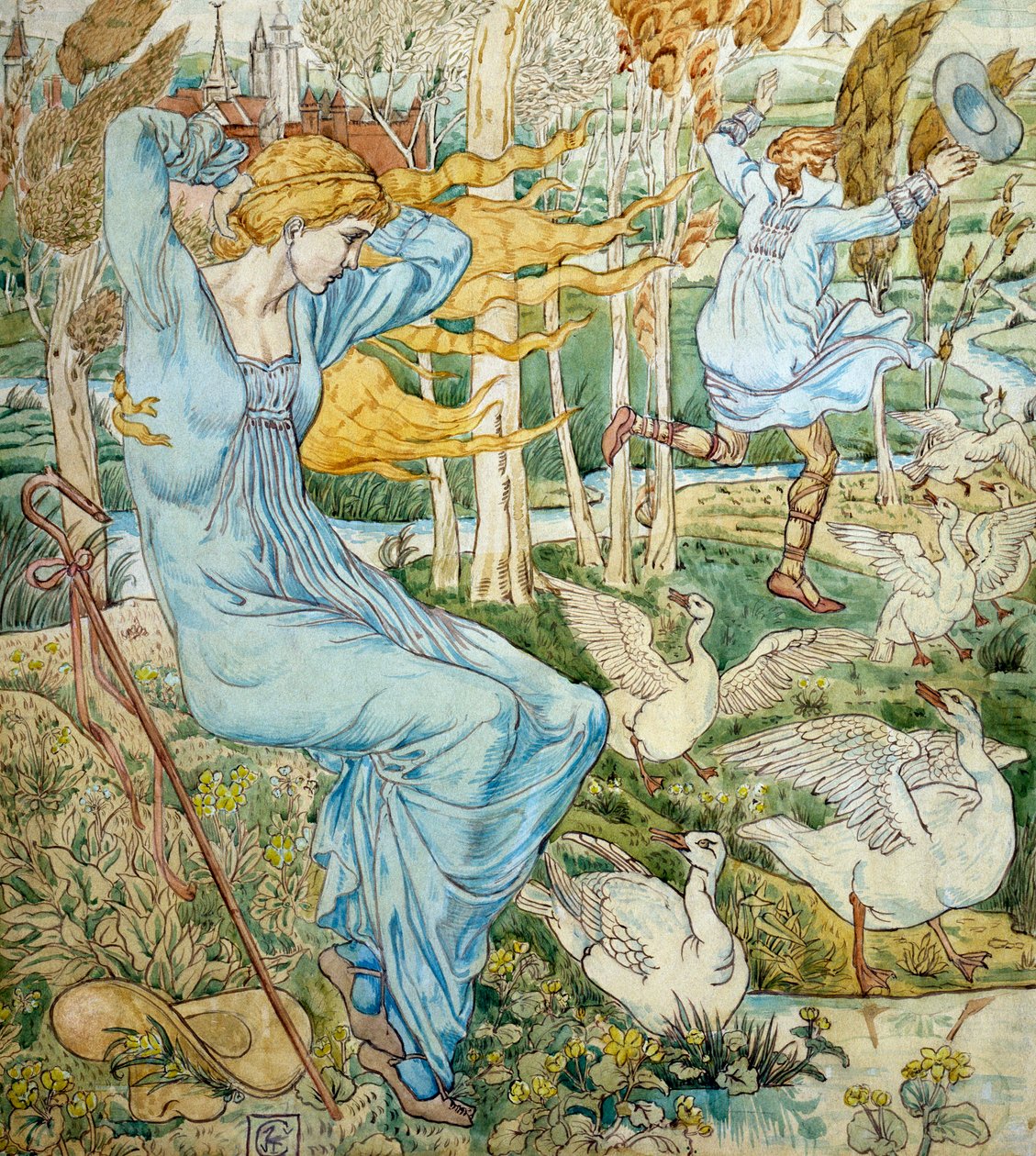 "Nuori mies yrittää saada kiinni hattuaan, joka on lentänyt tuulessa. Häntä vahtii hanhenvartija. Kuvitus Walter Crane (1845-1915) Yksityiskokoelma. tekijältä Walter Crane