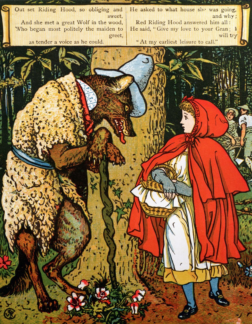 "Punahilkka", susi seurasi häntä metsässä tekijältä Walter Crane