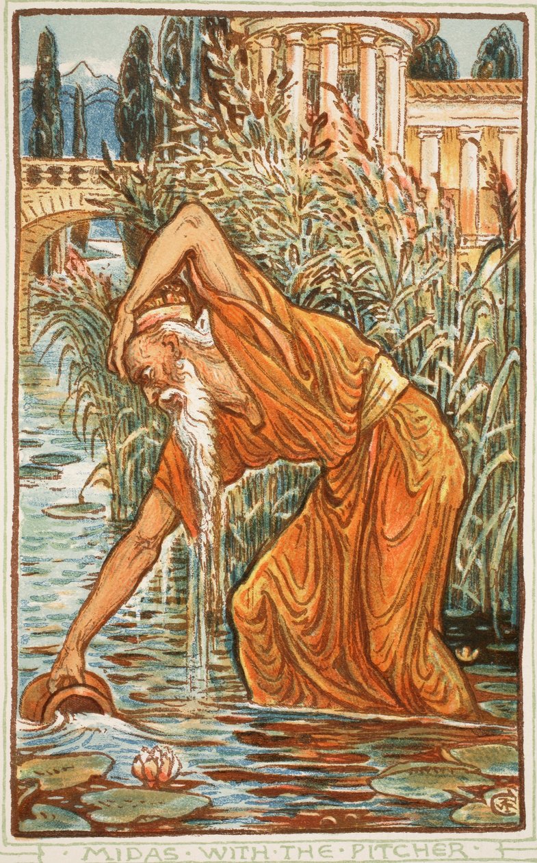 Midas kannun kanssa, kuvitus Nathaniel Hawthornen Ihmekirjasta tytöille ja pojille, 1852 tekijältä Walter Crane