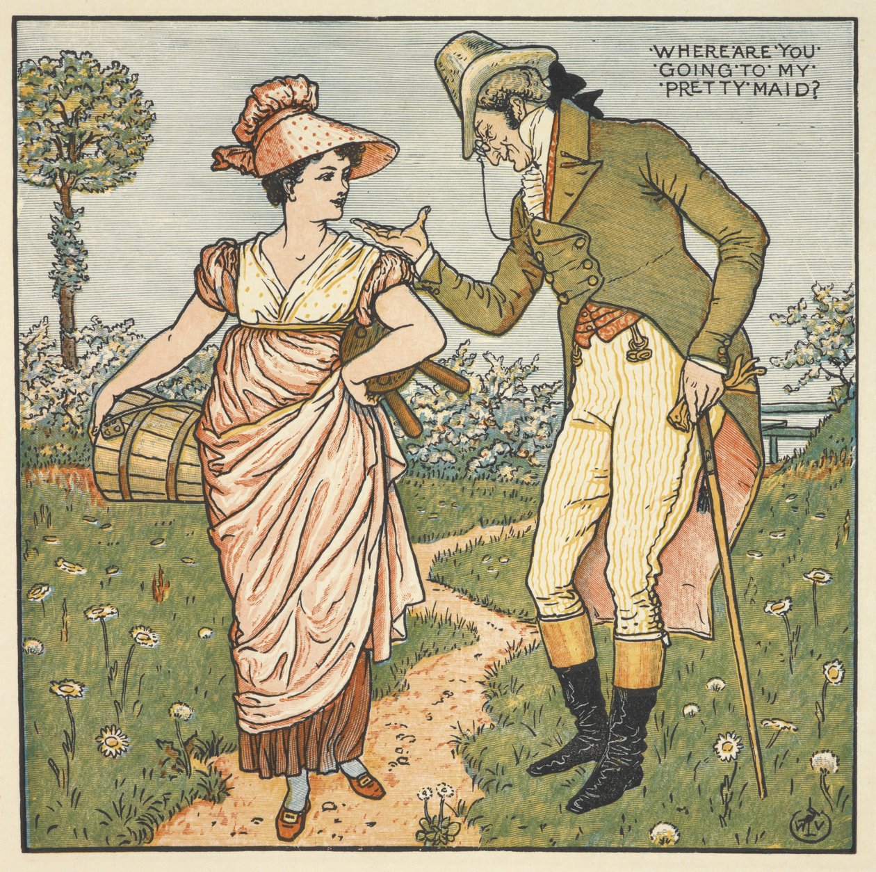 "Kaunis piikani". Herrasmies puhuu nuoren naisen kanssa. tekijältä Walter Crane