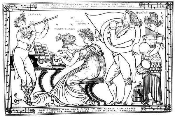 "Vanhat ystävät, jotka ovat soittaneet yleisölle vuosia ja saaneet maailman tanssimaan musiikillisissa piireissään" (litho) (m/v kuva) tekijältä Walter Crane