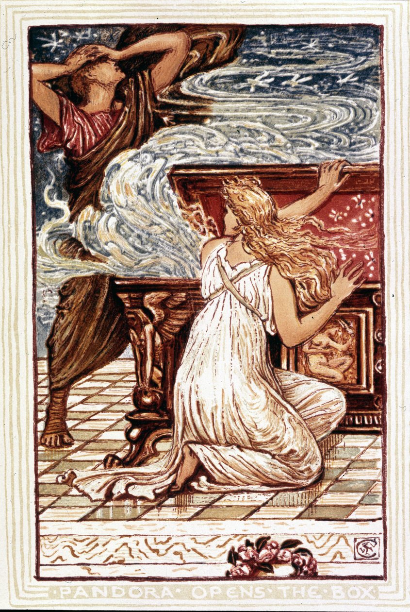 Pandora avaa laatikon. Walter Cranen kuvitus teokseen "Ihmekirja tytöille ja pojille", Lontoo 1893. tekijältä Walter Crane