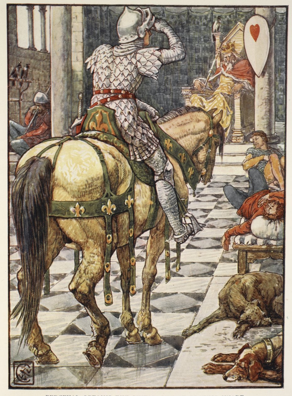 Percival saa sykkivän sydämen kilven, Henry Gilbertin teoksesta Stories of the Knights of the Round Table, ensimmäinen painos, 1911 tekijältä Walter Crane