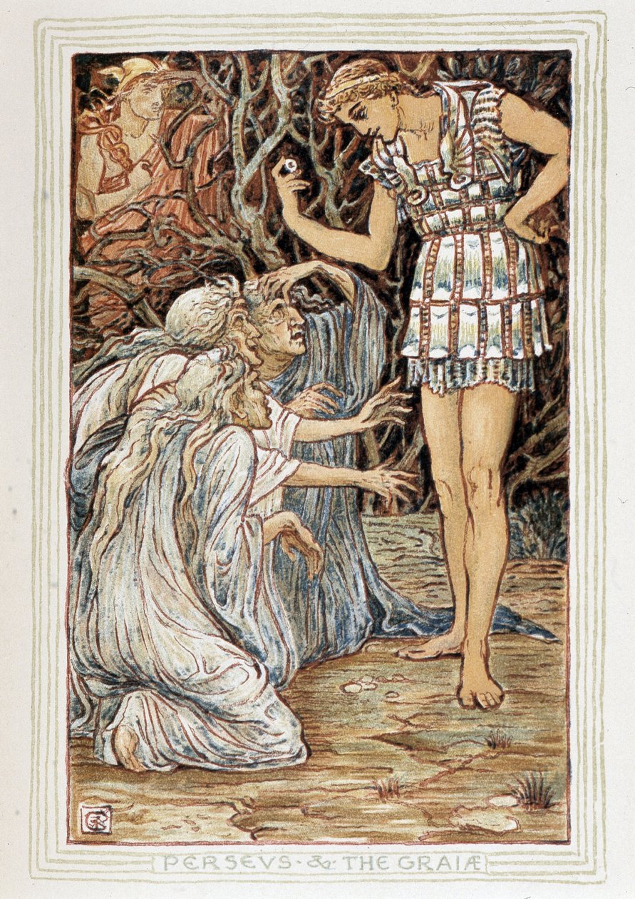 Persee ja Graia (Beotie, Kreikka) - Hän tapaa kolme vanhaa naista (noitaa?) Walter Cranen (1845-1915) "Ihmekirjassa tytöille ja pojille" tekijältä Walter Crane