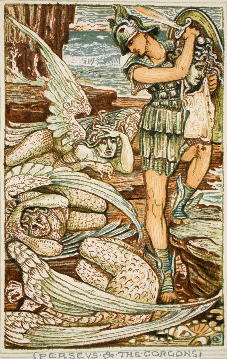 Perseus ja Gorgonit, kuvitus Nathaniel Hawthornen "Ihmekirjasta tytöille ja pojille" tekijältä Walter Crane