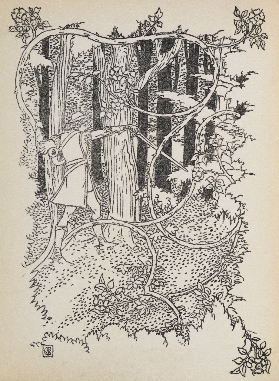 Prinssi Charming leikkaa tiensä umpeenkasvun metsän läpi Prinsessa Ruusunen luo. tekijältä Walter Crane