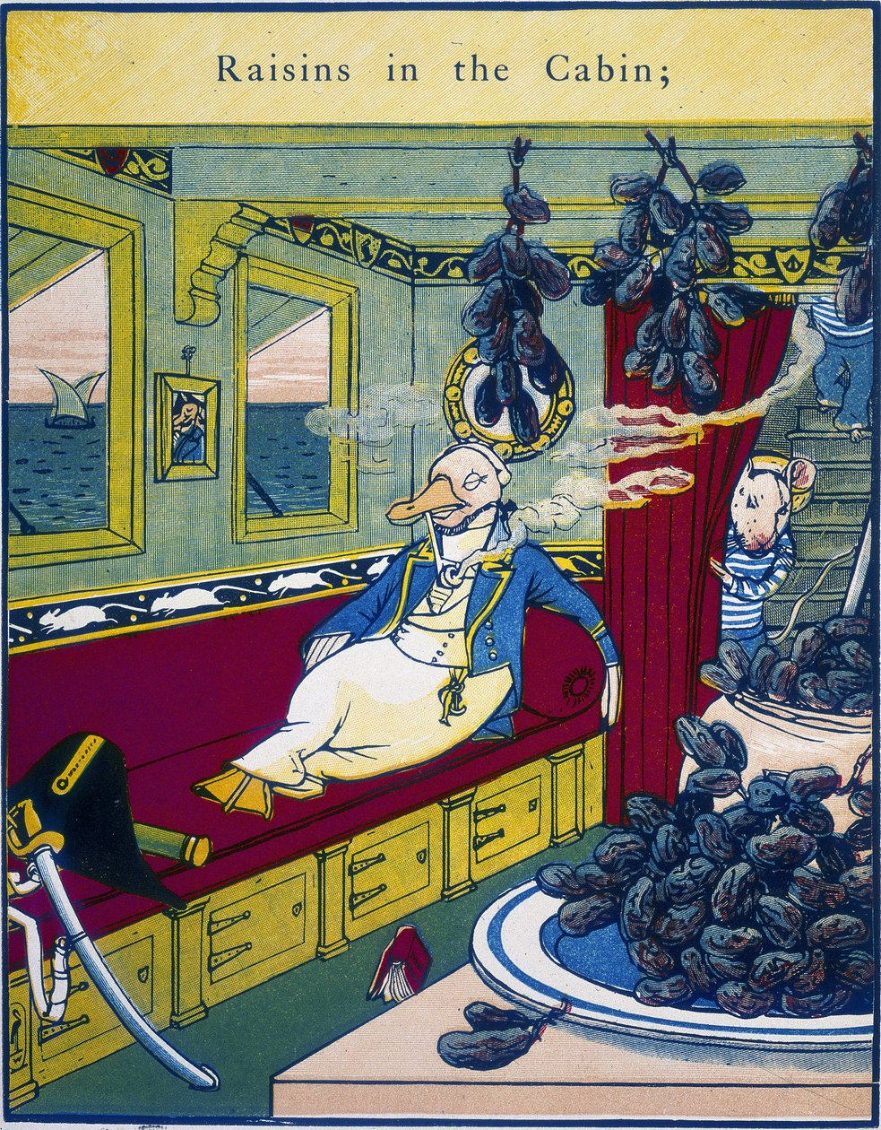 ""Grapes in the Cabin"", kohtaus laivan hytissä, jossa viinirypäleterttu etualalla - ""Routledgen värikkäässä kuvakirjassa"", joka sisältää ""kuningas Grizzly Bear", ""taikavene", " "Rumpelstiltskin" ja "Puffyn seikkailut", tekijältä Walter Crane