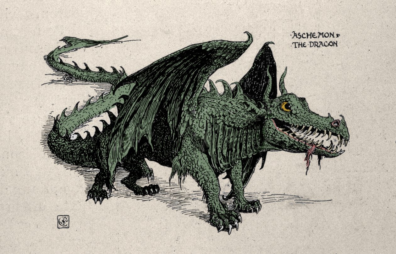 Esitys mytologisesta lohikäärmeestä Ashchemon Walter Cranen piirustus vuodelta 1899. tekijältä Walter Crane