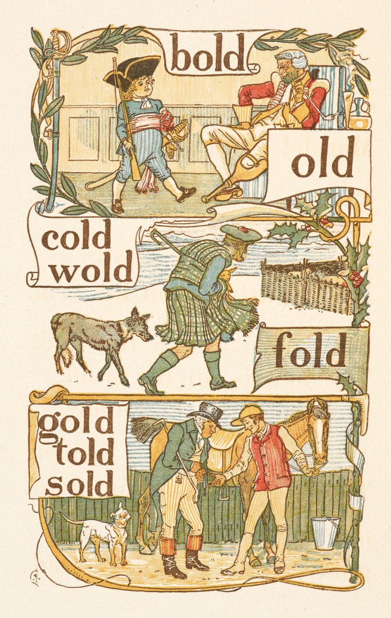Riimittäviä sanoja, jotka päättyvät kirjaimeen D. Poika pukeutunut sotilaana. Skotlantilainen. Jockey. Kultainen pohjamaali. tekijältä Walter Crane