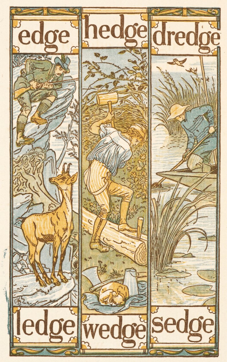 Riimittäviä sanoja, jotka päättyvät kirjaimeen E. Kultainen aluke. tekijältä Walter Crane