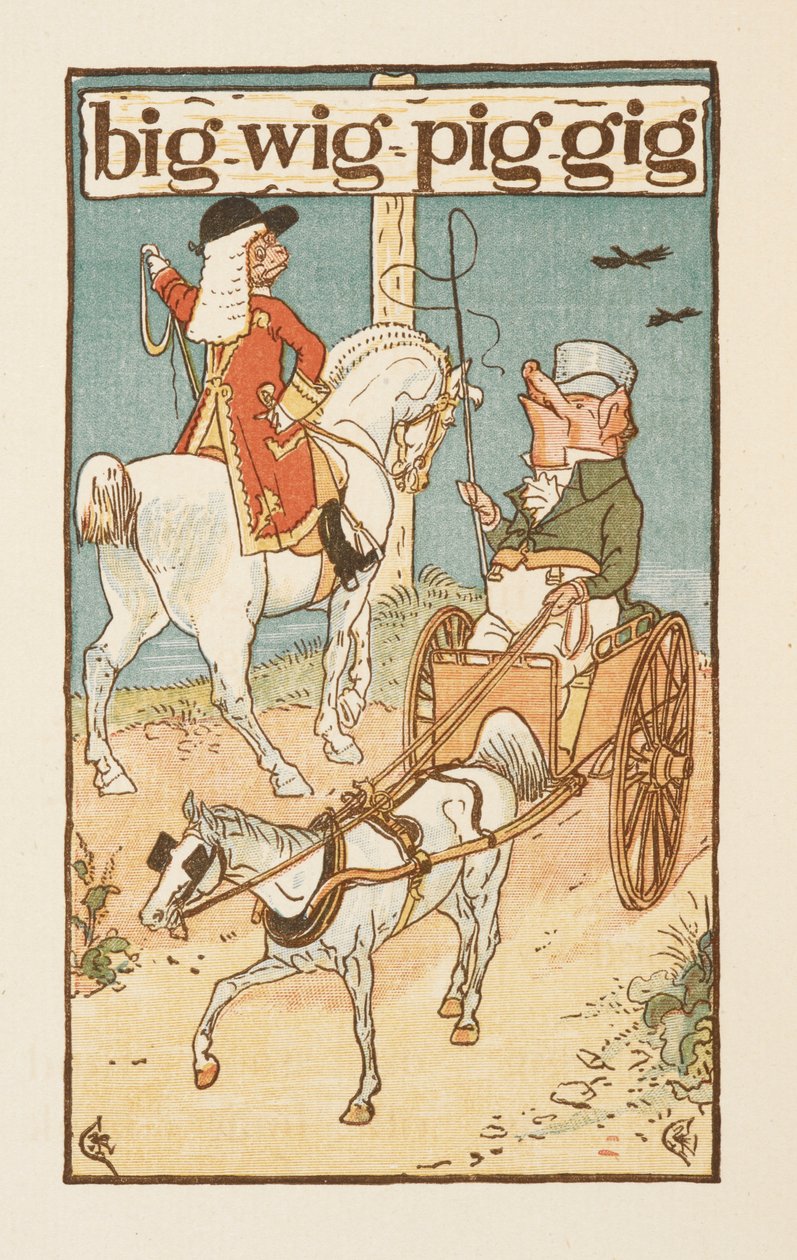 Riimittävät sanat, jotka päättyvät kirjaimeen G. Kuva, jossa sika ratsastaa hevosella ja toinen ajamassa kärryä. Kultainen pohjamaali. tekijältä Walter Crane