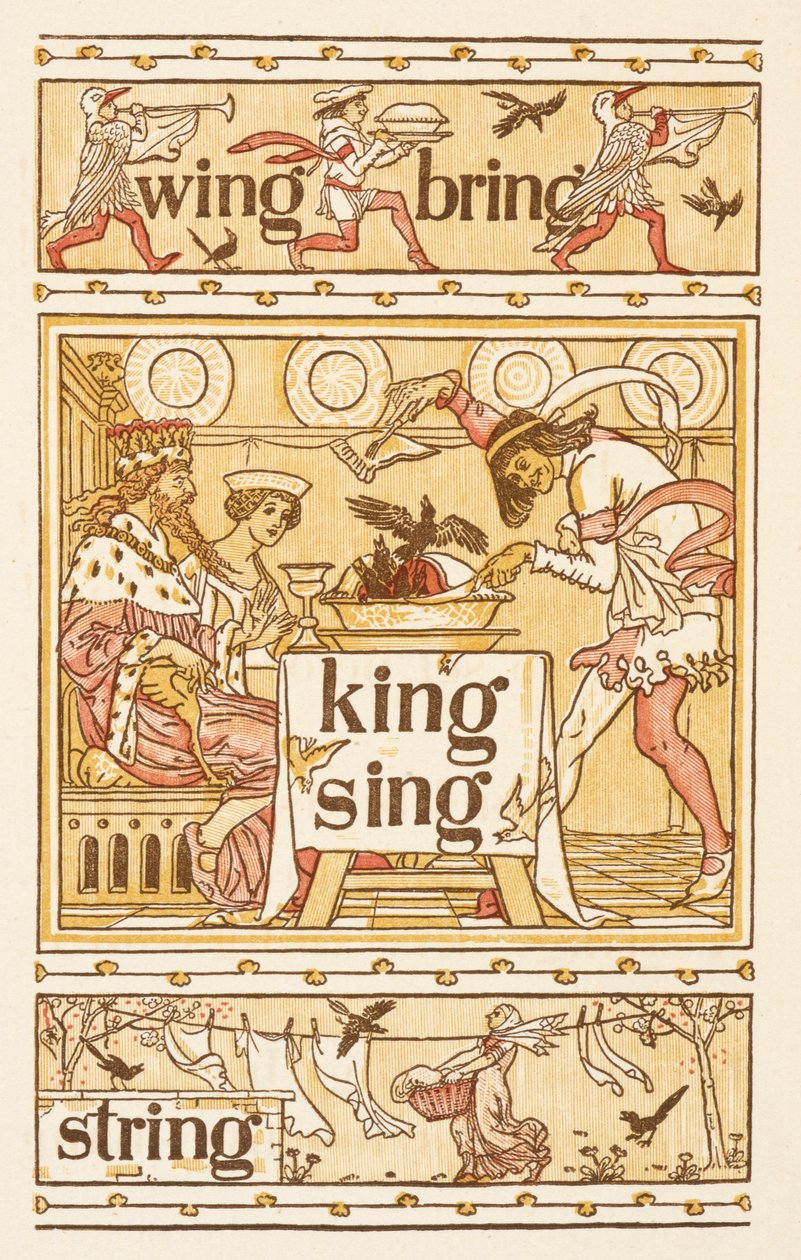 Riimiä sanoja, jotka päättyvät kirjaimeen G. Blackbirds in a. Pesulinja. Kultainen pohjamaali. tekijältä Walter Crane