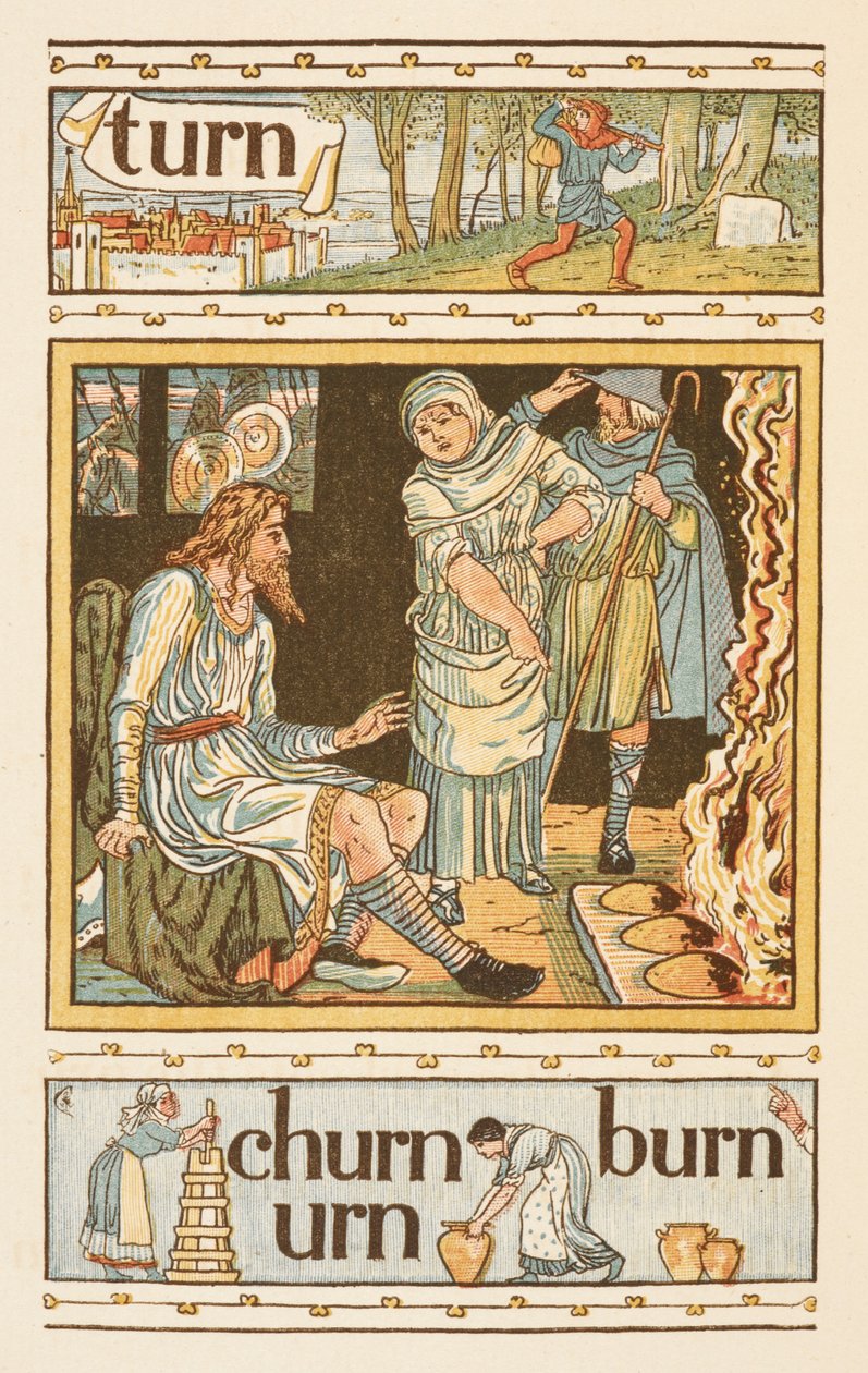 Riimittäviä sanoja, jotka päättyvät kirjaimeen N. Kuva, joka näyttää mahdollisesti kuningas Alfred ja palavat kakut. Kultainen pohjamaali. tekijältä Walter Crane