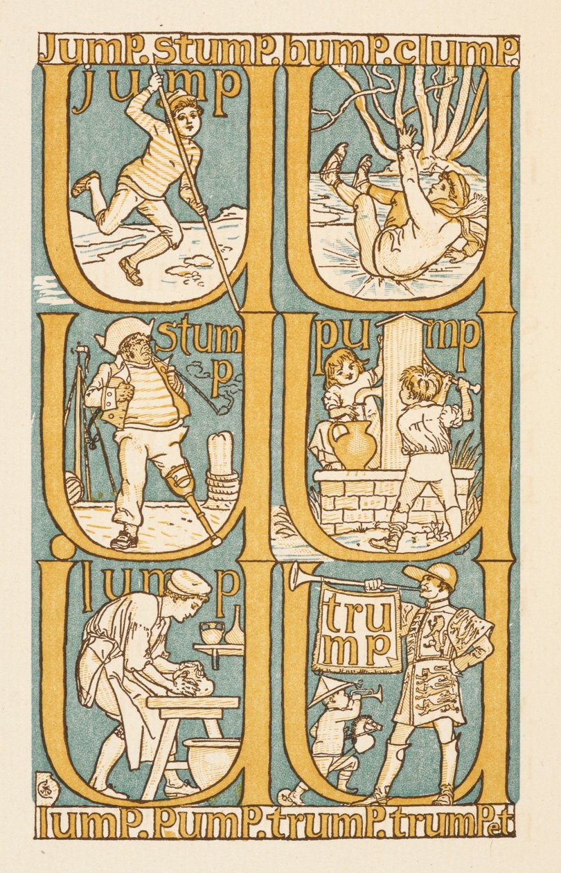 Riimittäviä sanoja, jotka päättyvät P-kirjaimeen. Havainnollistaa U-kirjaimen käyttöä. Kultainen aluke. tekijältä Walter Crane