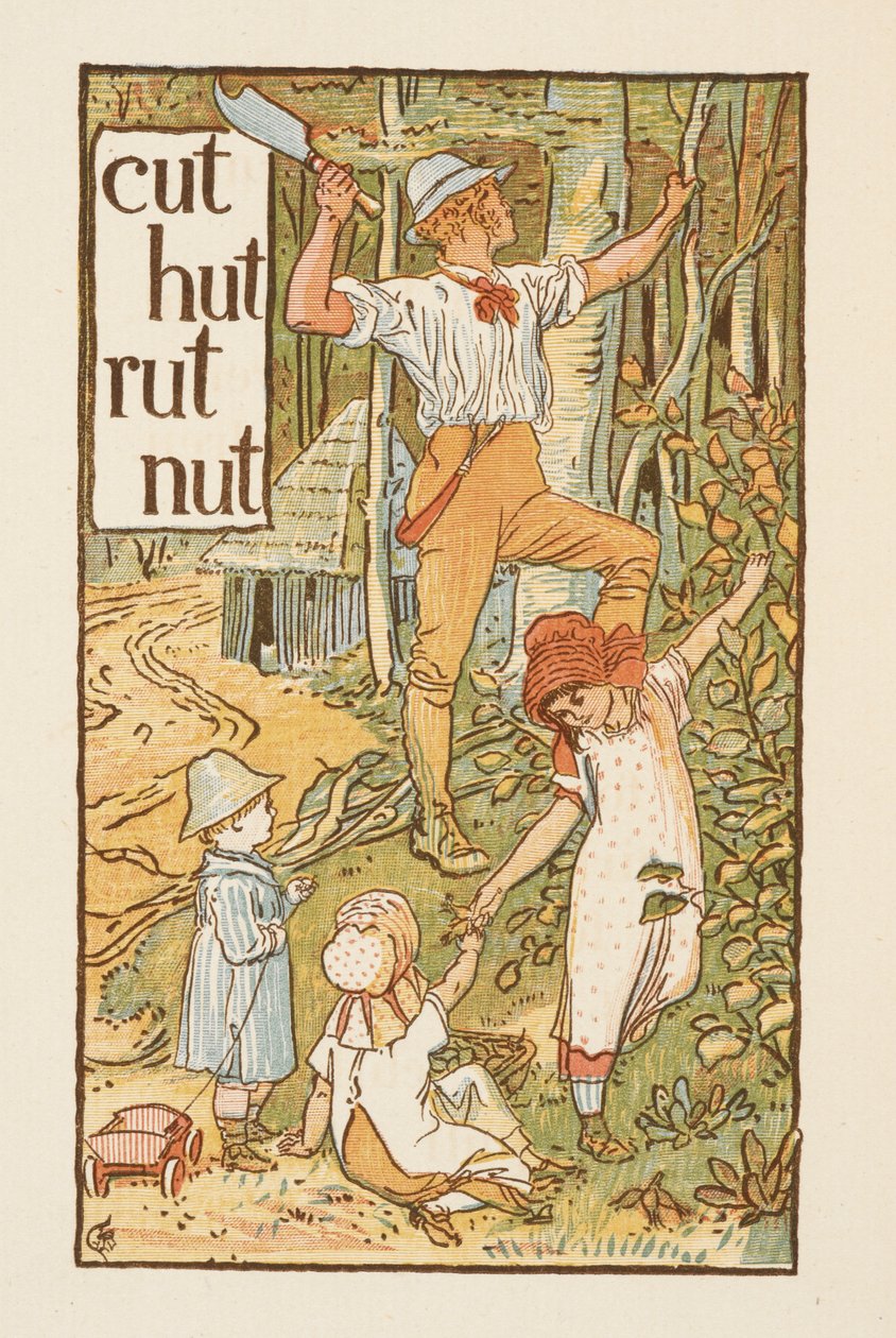 Riimittäviä sanoja, jotka päättyvät kirjaimeen T. Kuva, jossa mies katkaisee puuta. Hänen kanssaan on kolme lasta. Kultainen pohjamaali. tekijältä Walter Crane