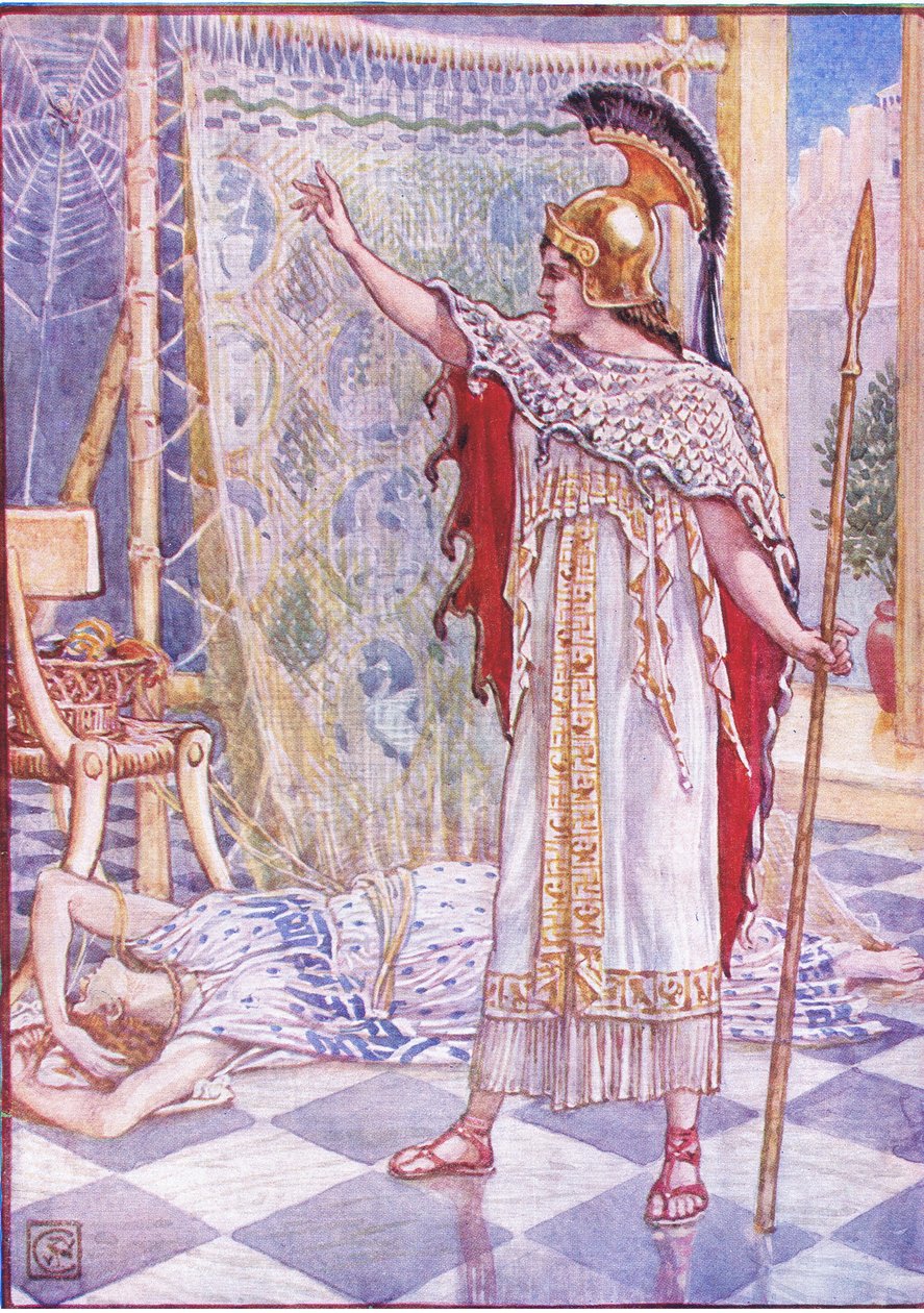 Hän muutti hänet hämähäkkiksi, piirros Kreikan tarinasta 1930-luvulta tekijältä Walter Crane