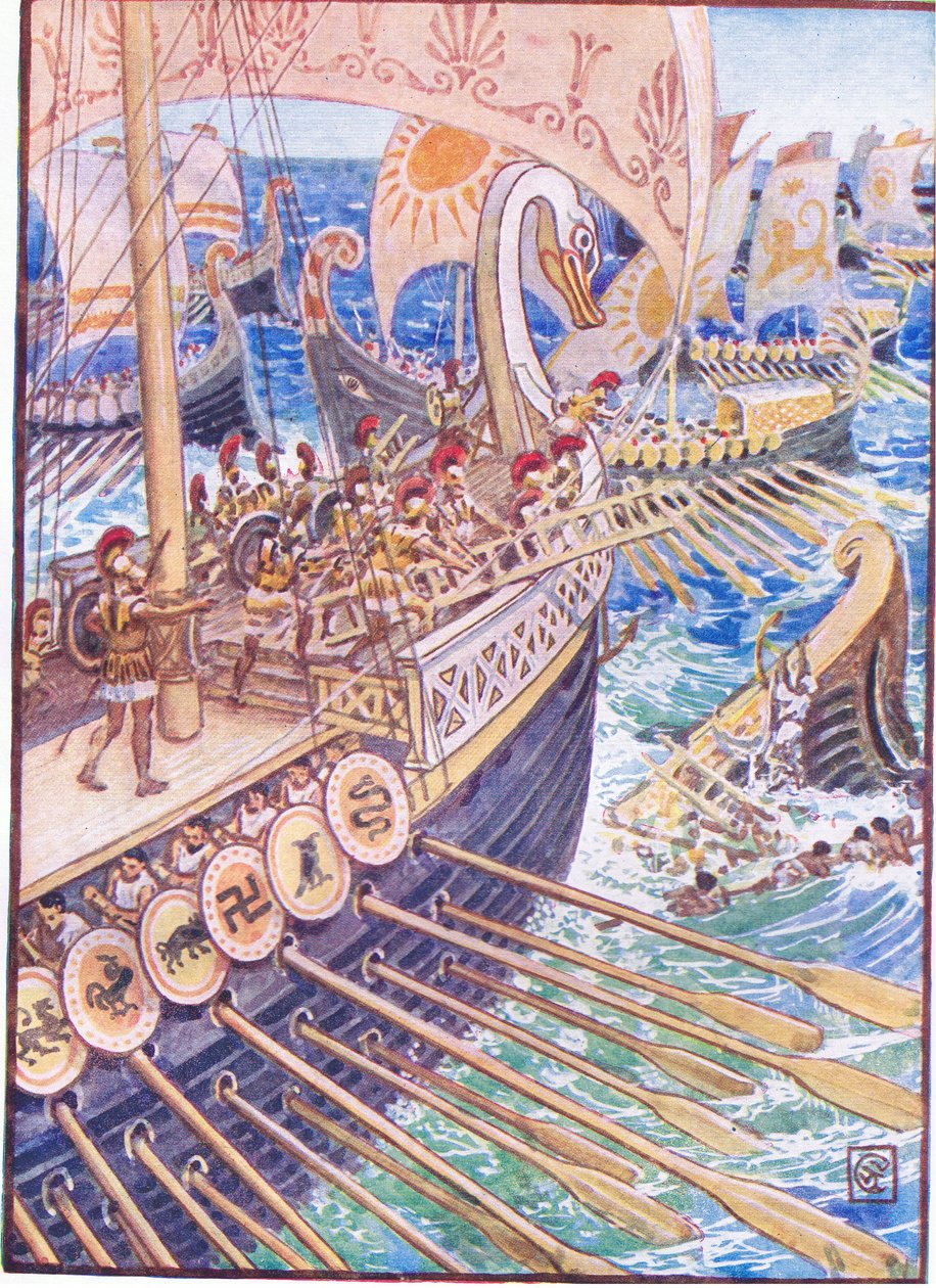 Laiva törmäsi laivaa vastaan, kunnes persialaiset kuolleet levittivät syvyyksiin kuin kukkia, esimerkki Kreikan tarinasta, 1930-luku tekijältä Walter Crane