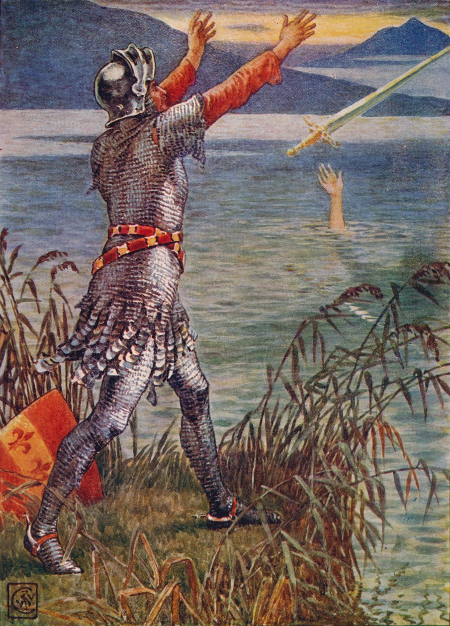 Sir Bedivere heittää miekan Excalibur järveen, 1911. tekijältä Walter Crane
