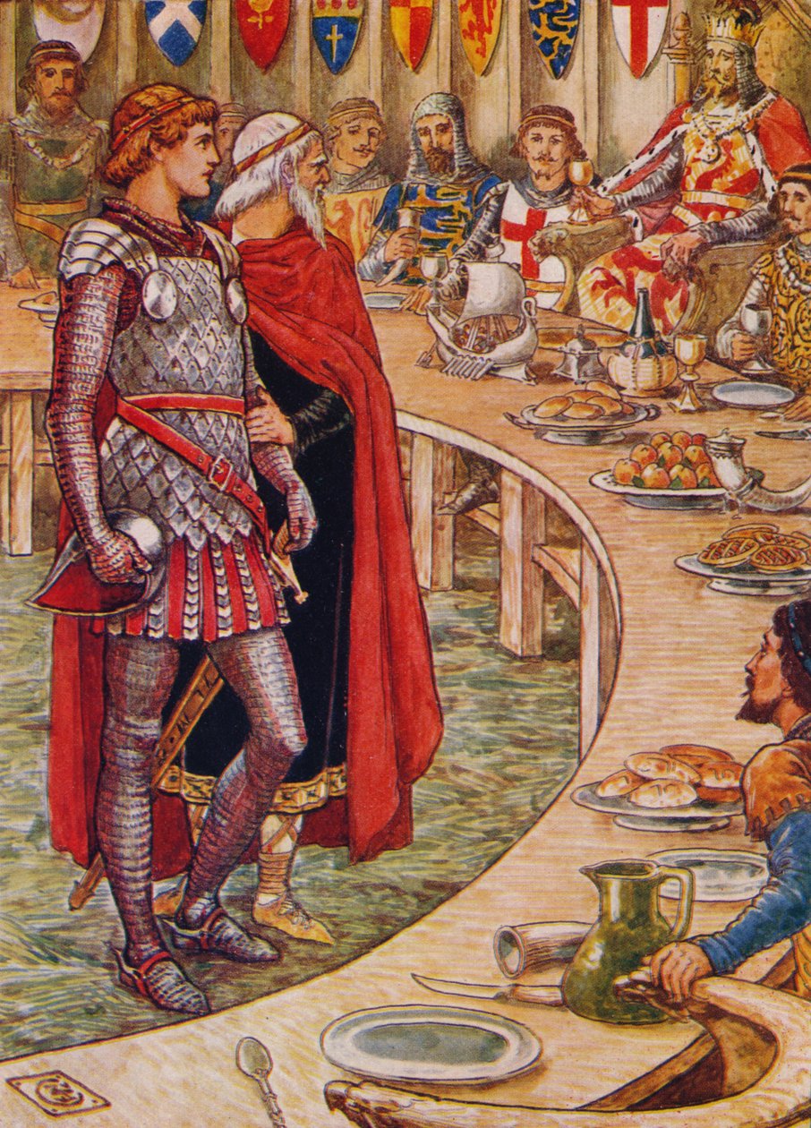 Sir Galahad tuodaan kuningas Arthurin hoviin, 1911. tekijältä Walter Crane