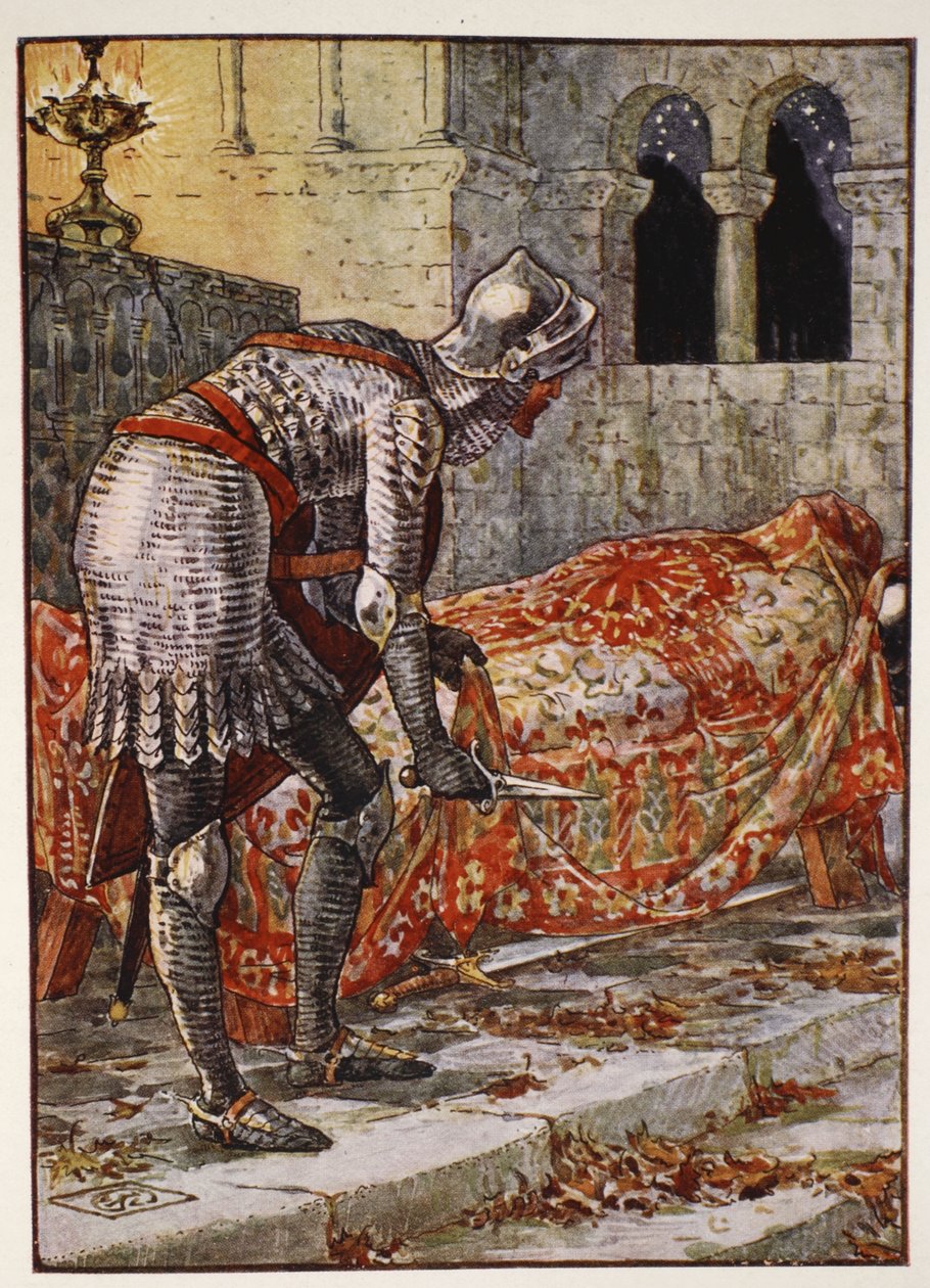 Sir Lancelot in the Chapel Perilous, Henry Gilbertin "Pyöreän pöydän ritarien tarinoista", ensimmäinen painos, 1911 tekijältä Walter Crane