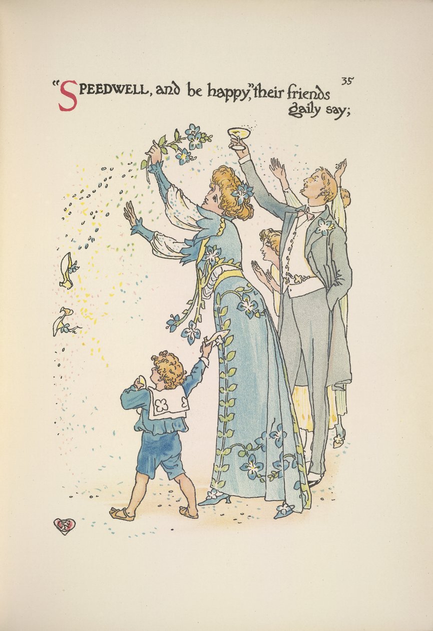 Tädyke. Häävieraat heittelevät konfettia tekijältä Walter Crane