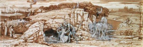 Tutkimus "The Laidley Worm of Spindleston Heugh", n. 1881 (lyijykynä, ruskea pesu ja kiinalainen valkoinen paperilla) tekijältä Walter Crane