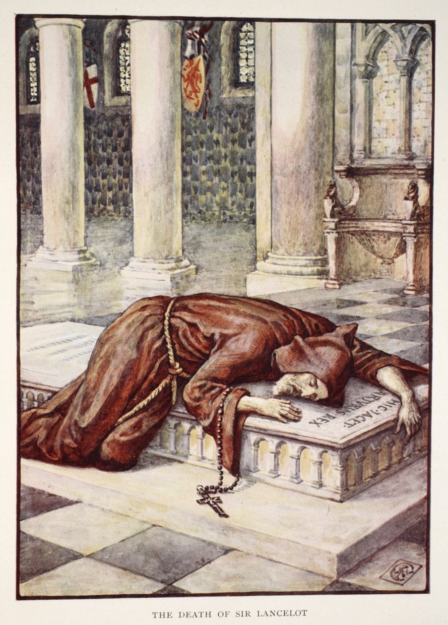 Sir Lancelotin kuolema Henry Gilbertin teoksesta Stories of the Knights of the Round Table, ensimmäinen painos, 1911 tekijältä Walter Crane