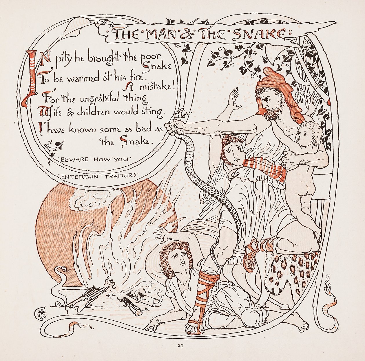 The Man & The Snake, kuvitus Aesops Fablesista, pub. 1887 tekijältä Walter Crane