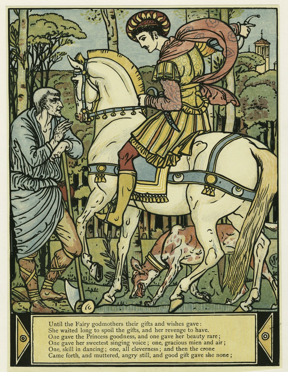Prinssi kysyy reittiohjeita The Blue Beard Picture Bookista, pubista. 1879 (väri litho) tekijältä Walter Crane