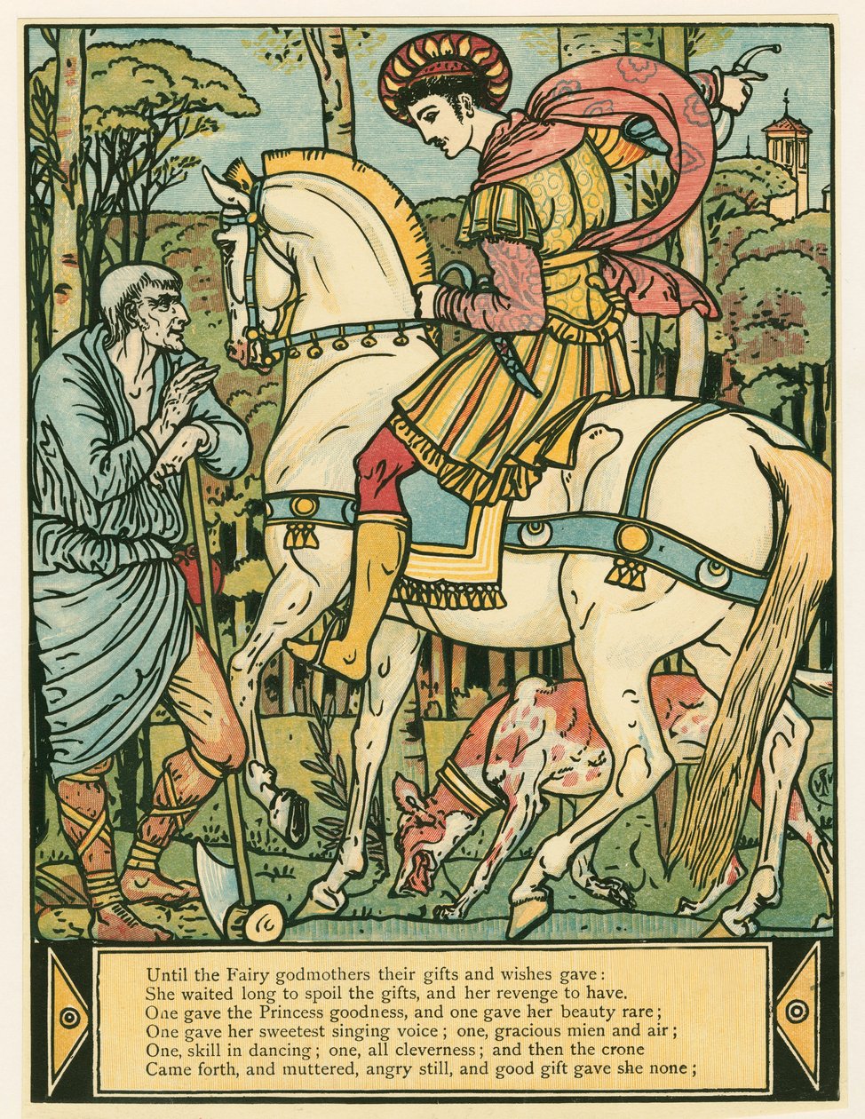 Prinssi kysyy reittiohjeita The Blue Beard Picture Bookista, pubista. 1879 värilitografia, 1879. tekijältä Walter Crane