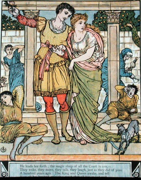 Prinssi pelastamassa prinsessaa, kuvitus Charles Perraultin (1628-1703) teokseen "Sleeping Beauty" (värikaiverrus) tekijältä Walter Crane